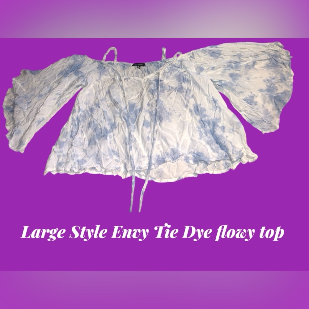Large Flowy Tie Dye cropped cold shoulder blouse by Style Envy blue and white